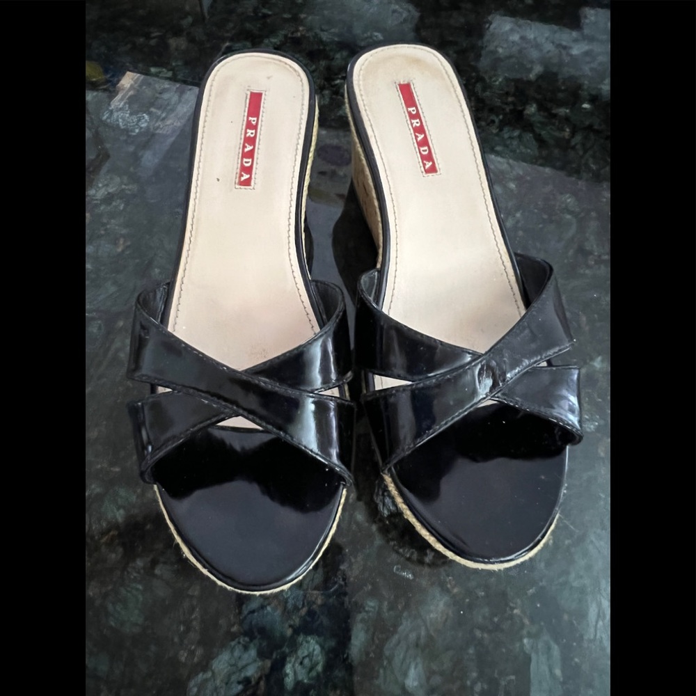 Prada patent leather crisscross cork and espadrille wedge (black)